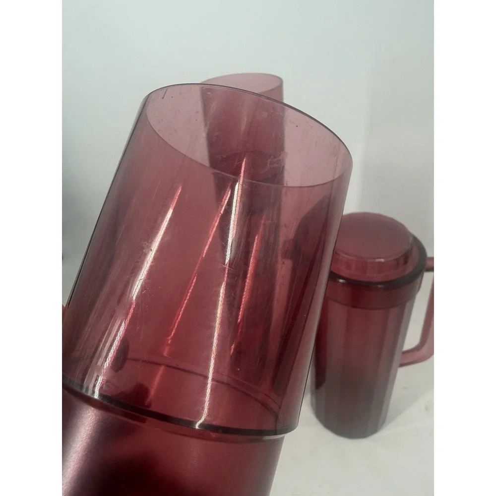 Vintage Tupperware Cranberry Red Ruby Acrylic Pitcher Cups Set Preludio Rare 7pc